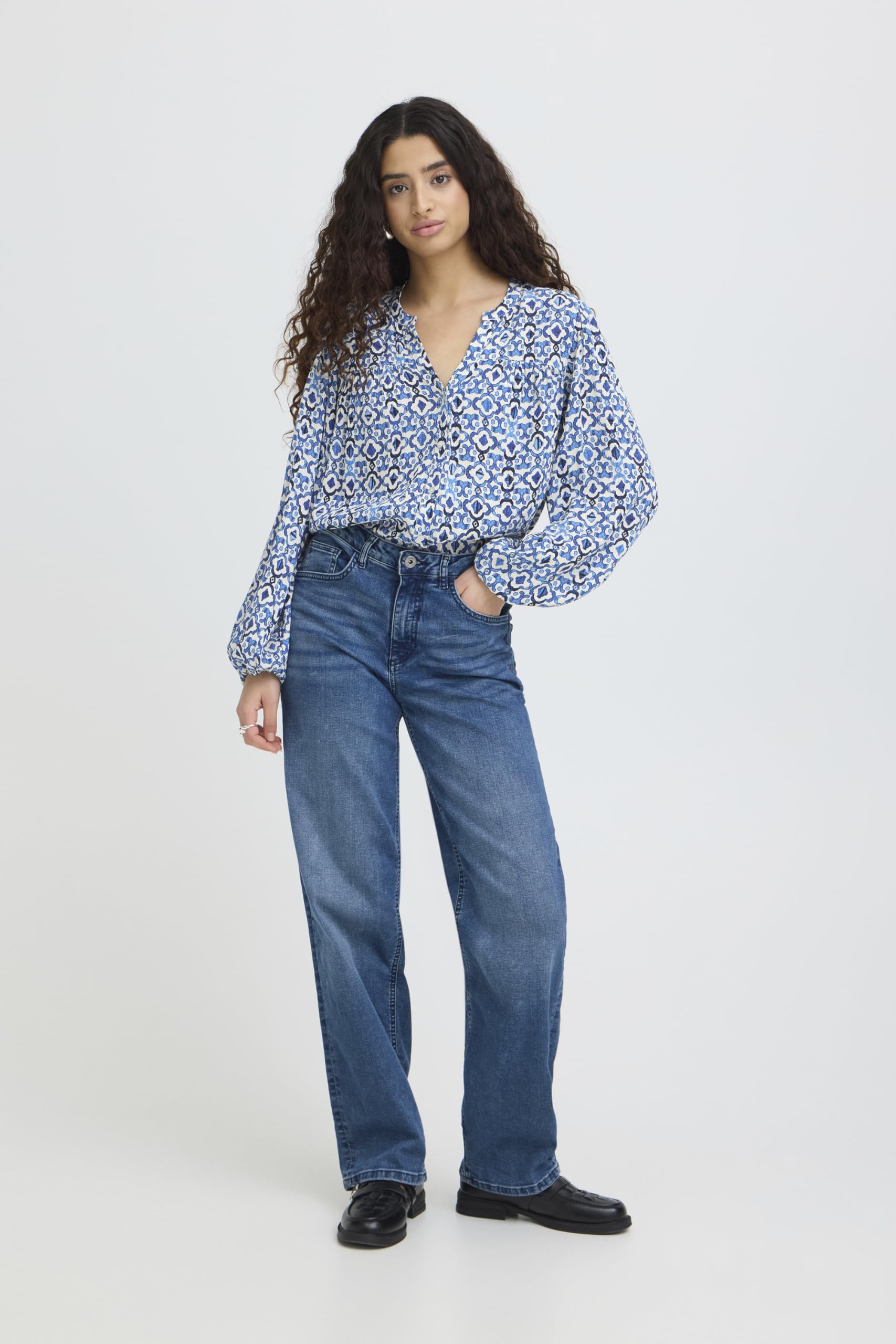 ICHI IHMARRAKECH Damen Bluse Shirt Blusenshirt mit 3/4-Arm Gemustert V-Ausschnitt Regular fit