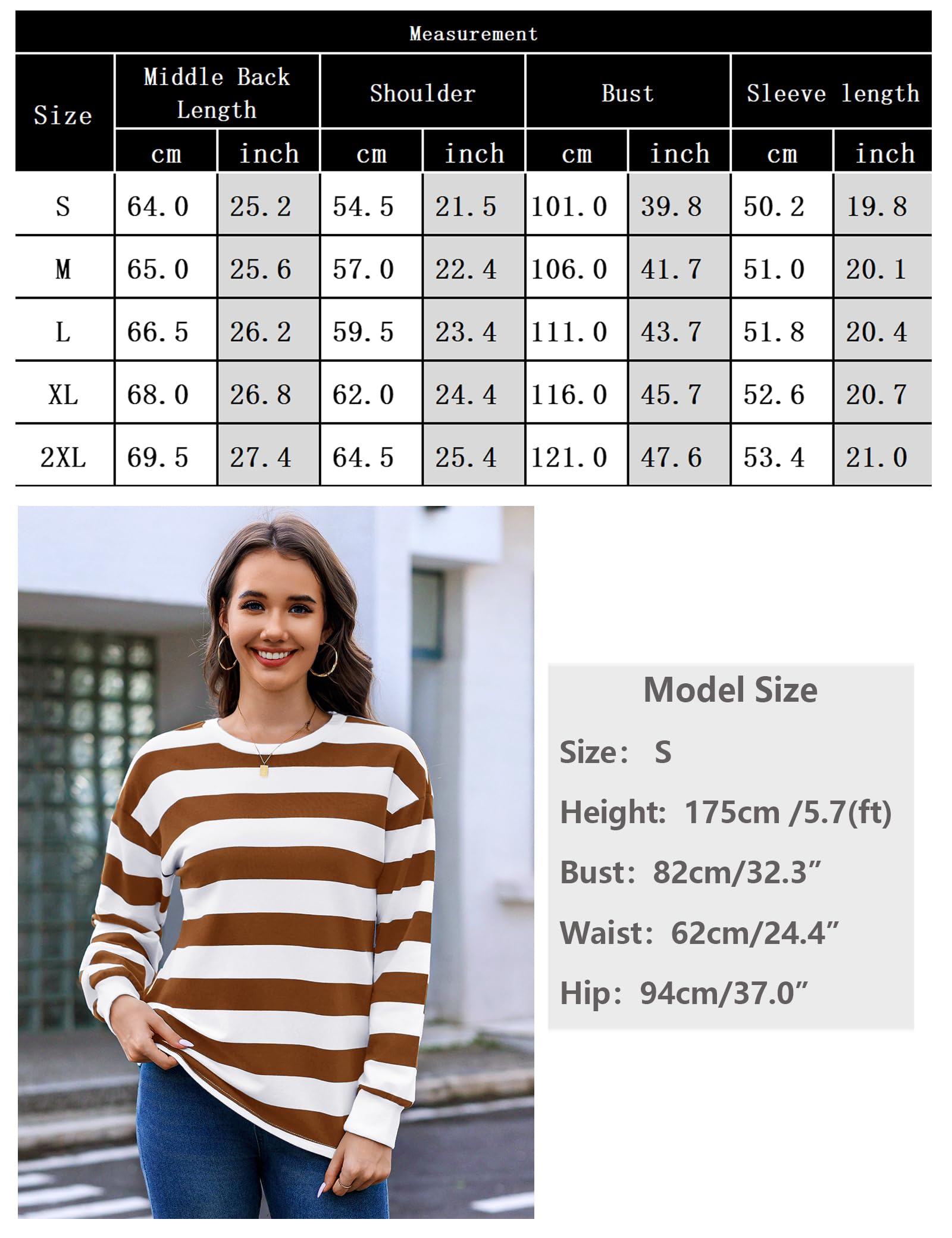 Aottori Felpa Donna Girocollo Senza Cappuccio Maglia a Righe Manica Lunga Maglietta Oversize Sport Maglione Larga Elegante Tops Casual Autunno