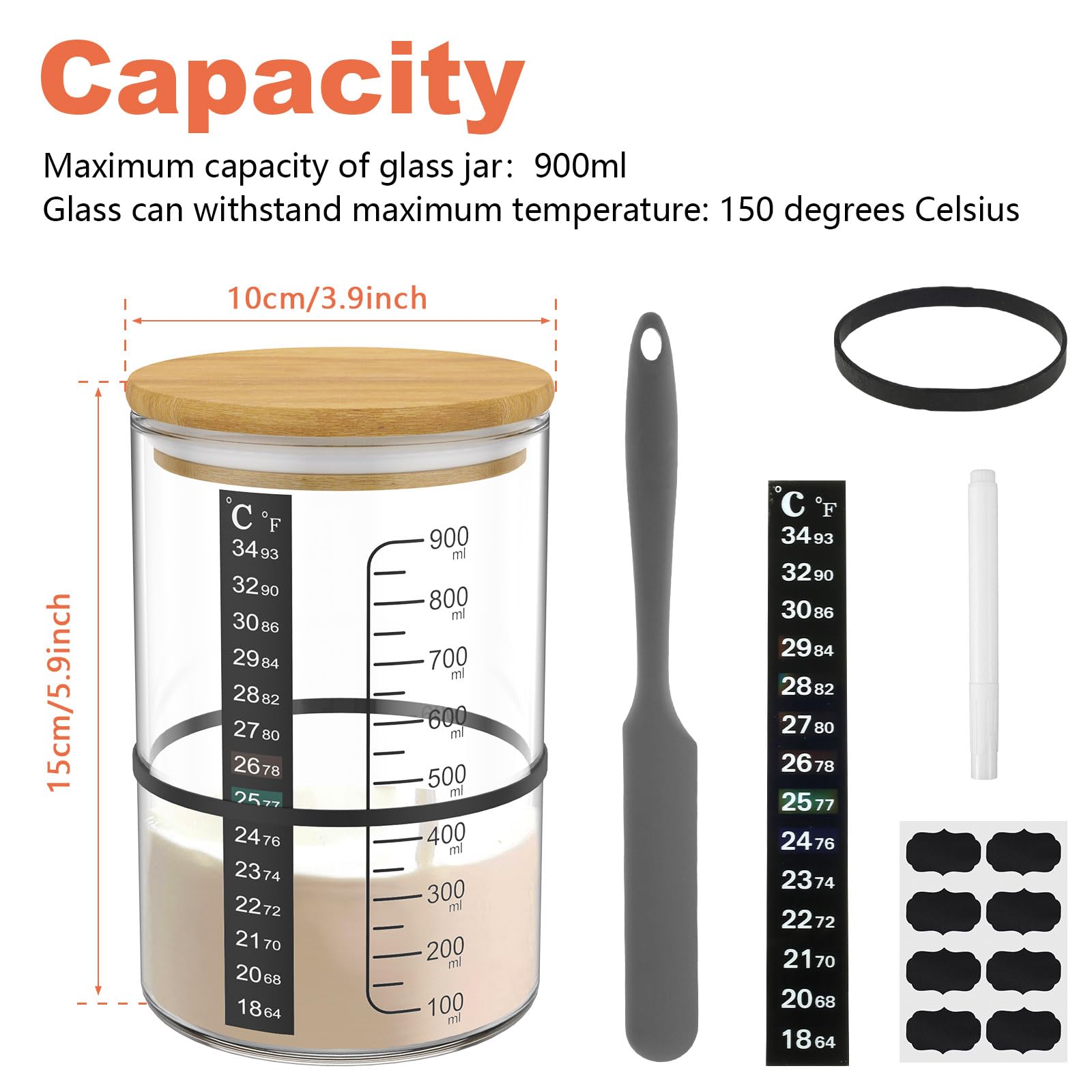 Set di barattoli rotondi in vetro da kit lievitazione 650ml 2 confezione, termometro,spazzola, forniture riutilizzabili per la fermentazione di dolci fatti in casa
