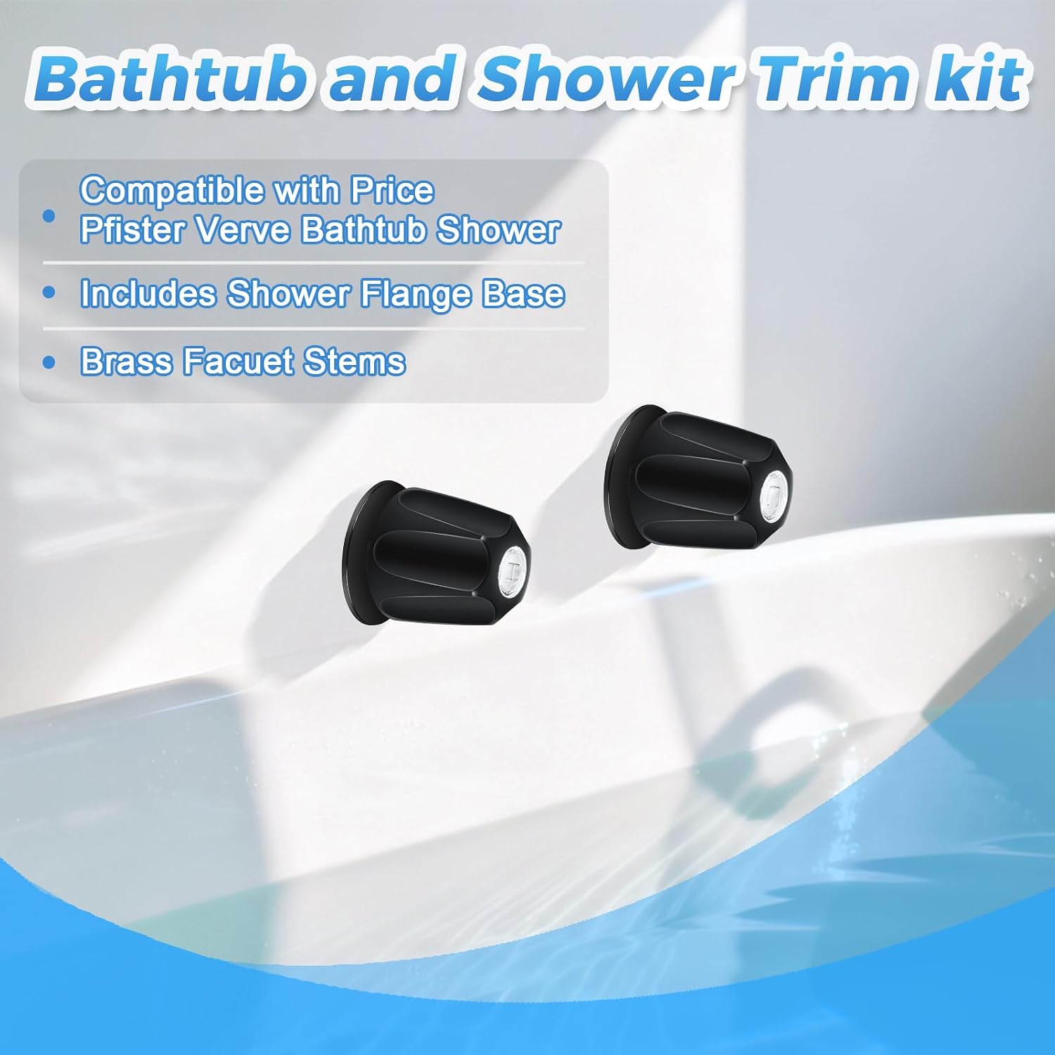 2 Piece Shower Knob Replacement Kit, Compatible with Pfister Verve/Windsor | Matte Black, Hot, Cold Knobs With Brass Stems, Flanges, Seats, Rings and Nipple Pipes for 12-Tooth Systems