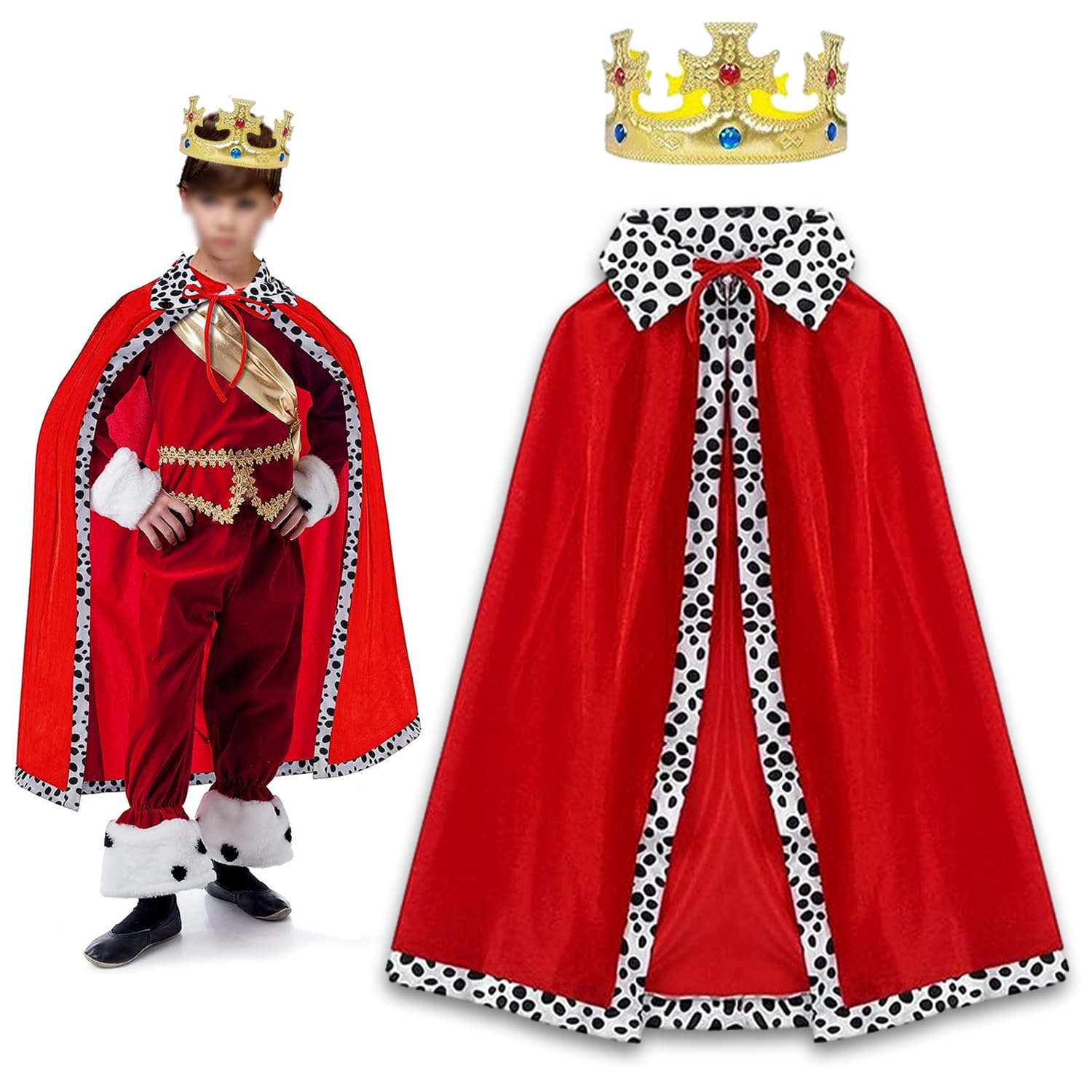 King Costume Kids, Prince Cloak and Prince Crown 2 Pcs Set, King Queen Cape Prince Princess Cloak, Costume Nativity Costume For Halloween, Christmas, Carnival, Role Play, Stage Performance, 90Cm
