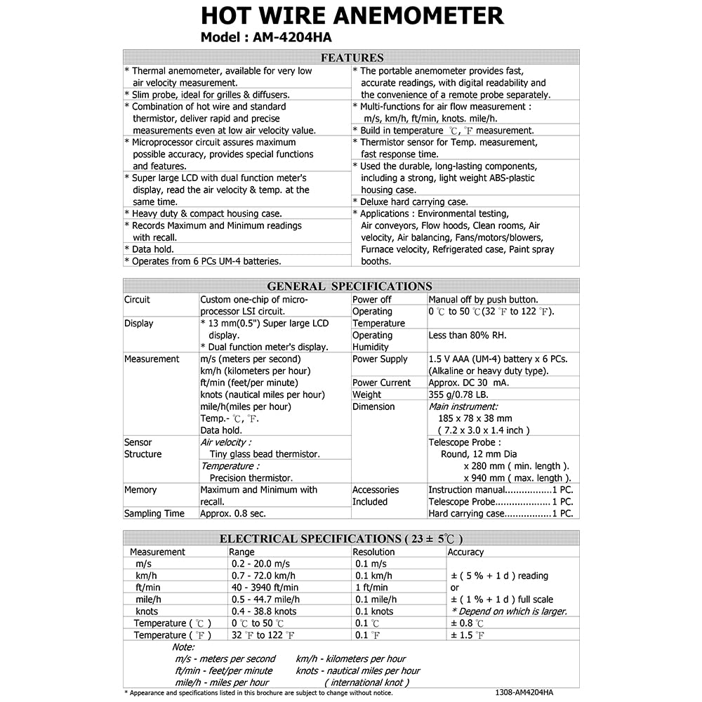 Digital Hot Wire Anemometer – Handheld Wind Measurement, air Flow Gauge, Wind Speed Meter, Turbine Velocity Tester; Model: AM-4204HA