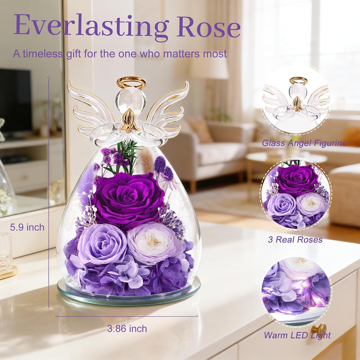 Bessol Gifts for Women Birthday Gifts for Mom Flowers for Delivery Fresh Eternal Preserved Rose Forever Flower in Glass Angel Figurines Gift Anniversary for Grandma Wife Sister Daughter Friends