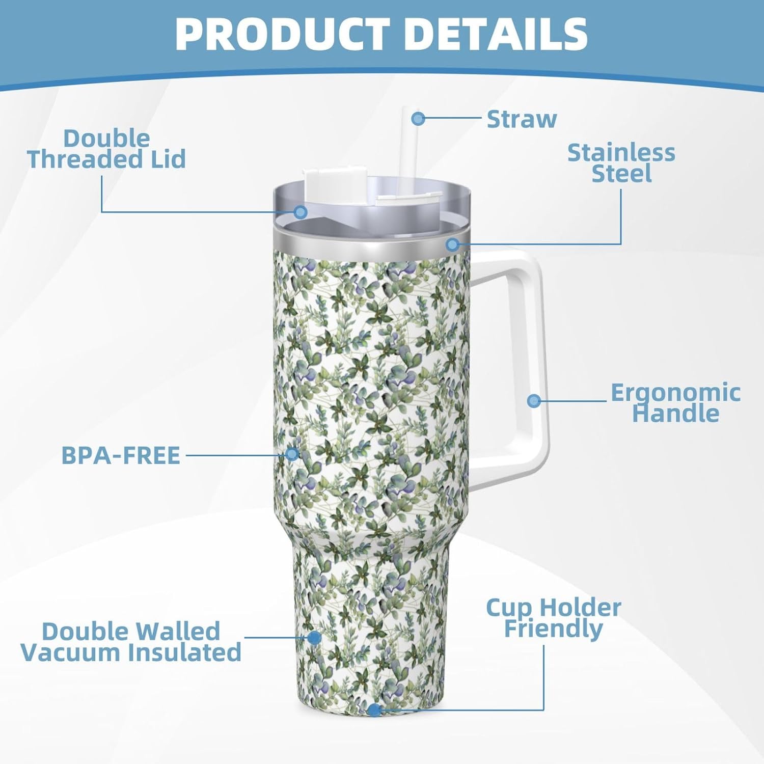 40 OZ Green Eucalyptus Leaves Print Ice Bully Cup with Handle Straw Lid Straw,Stainless Steel Tumbler Coffee Cup