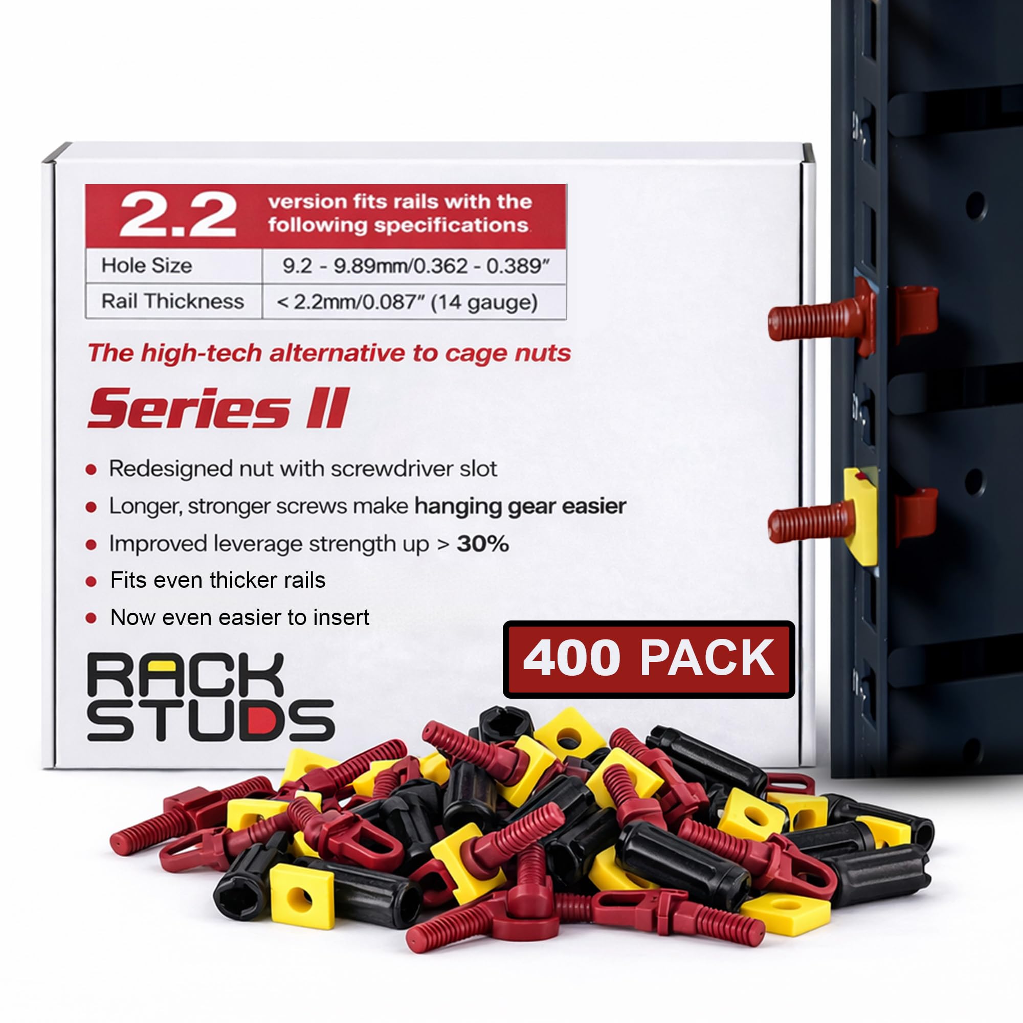 R400 - Server-Rack-Schrauben für Server-Rack-Schienen 19" quadratisch gestanzte vertikale Schienen, Perfekter Käfigmutter-Ersatz, Rack-Montage-Schrauben – Rot 400er-Pack 2.22 mm/0.086