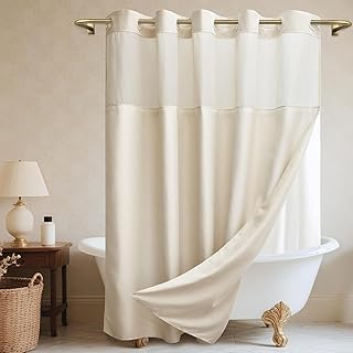 No Hooks Luxury Shower Curtain Set with Snap-in Liner, Polyester Texture...
