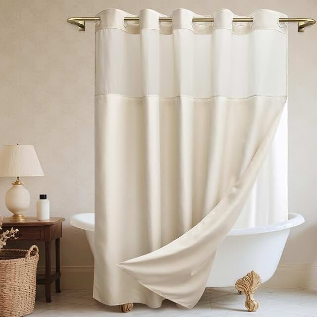 No Hook Cream Shower Curtain and Liner, Linen-Look Polyester Textured Sh...