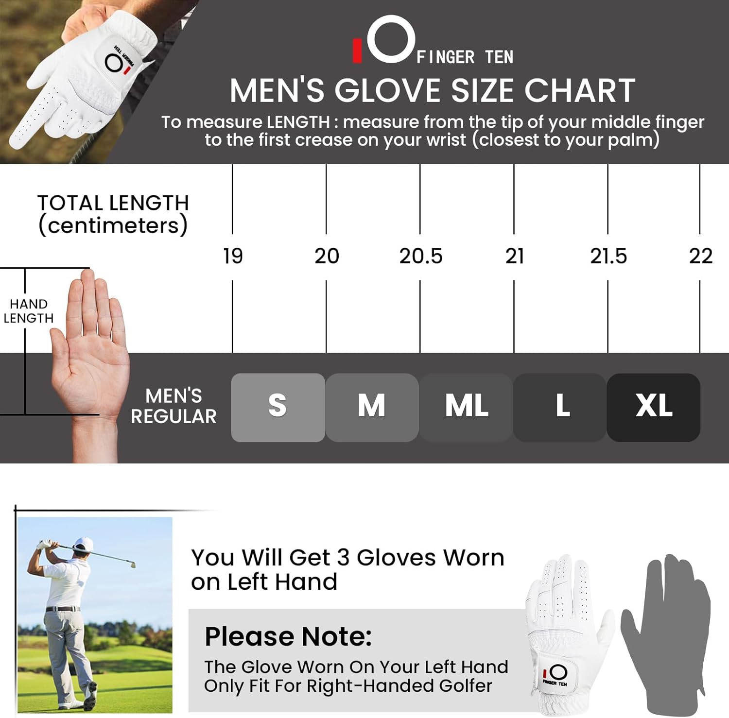 FINGER TEN All Weather Grip Golf Gloves Men Value 3 Pack for Right Handed Golfer, Hot Wet Rain Grip & Comfort Soft Glove for Premium Performance, Colors White Black Blue Sizes S M L XL - Image 6