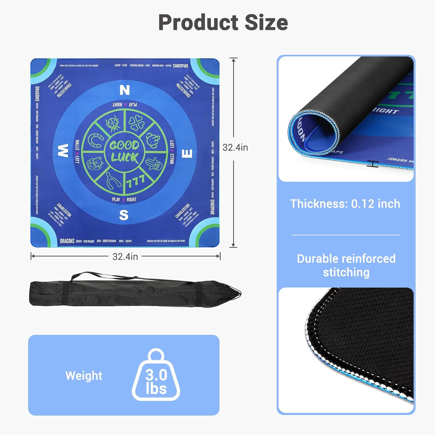 Mahjong Mat for Table with Carrying Bag, 32.4" x 32.4" Non-Slip Neoprene Mahjong Mat with Rules, Noise-Reducing Gaming Mat for Mahjong, Poker, Cards, Board and Tile Games - Blue