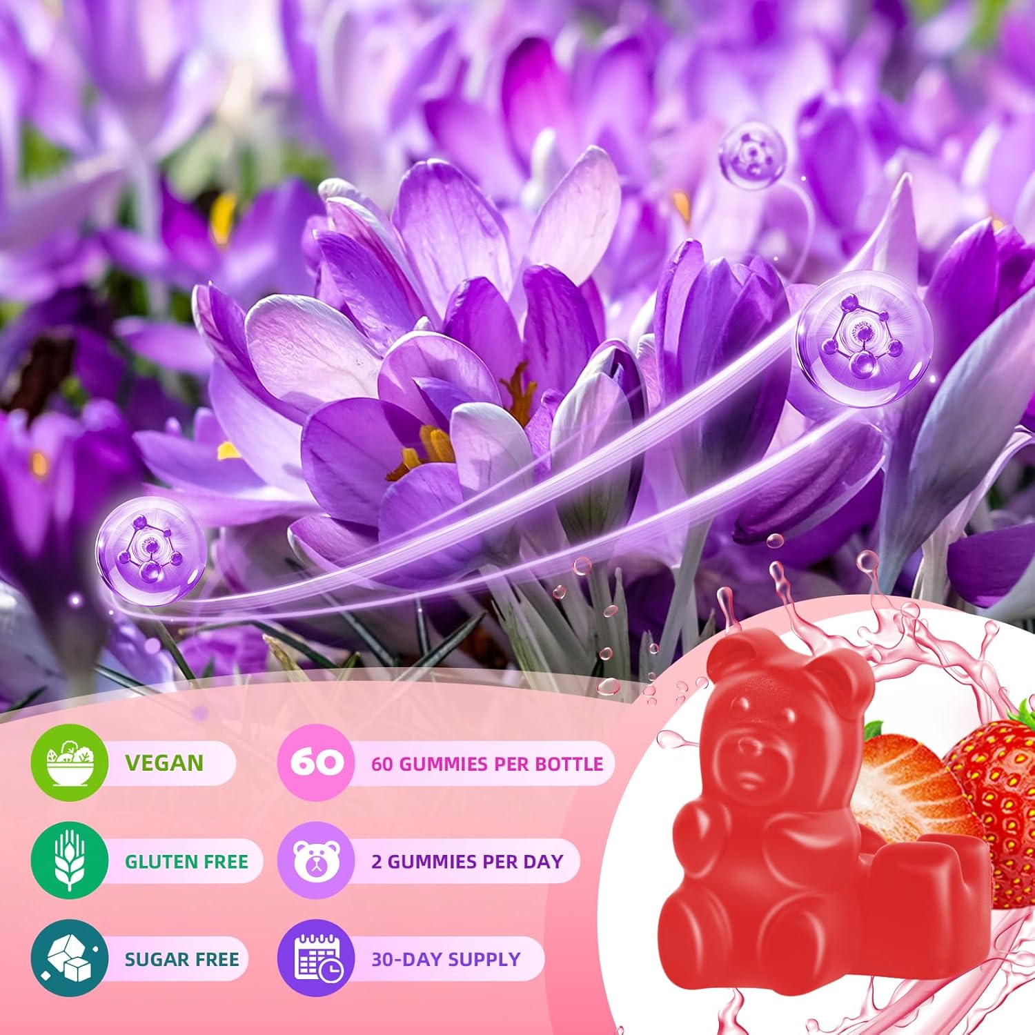 Saffron Gummies for Adult Kids, 10-IN-1 Formula with Saffron 88.5mg, Vitamins D3 & B6, Magnesium, Zinc, Ashwagandha, L-Theanine, St. John's Wort - Supports Mood & Focus, Strawberry Flavor, 60 Count - Image 6