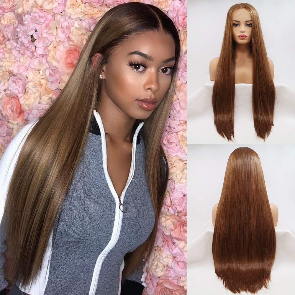Pastel Brown Wig Long Straigt Lace Front Brown Wigs for Women Handmade Realistic Pre Plucked Hairline Glueless Synthetic Heat Resistant Fber Hair Cosplay Party Daily Wig 24Inch