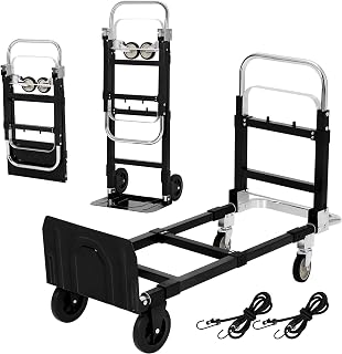 660 LBS 2-in-1 Convertible Hand Truck with 4 Wheels, Carbon Steel Folding Dolly Cart with Elastic Straps, Collapsible Utility Push Cart for Home, Warehouse, Office & Moving