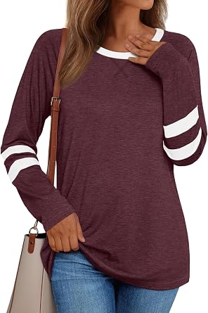 AUTOMET Womens Color Block Long Sleeve Shirts Oversized Crewneck Casual Top