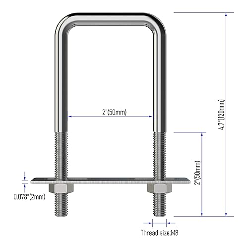 Miniatura 2 de FOCMKEAS 2 juegos de pernos en U cuadrados de acero inoxidable 304 de 2 pulgadas de ancho interior, 4.72 pulgadas de longitud inoxidable M8 con