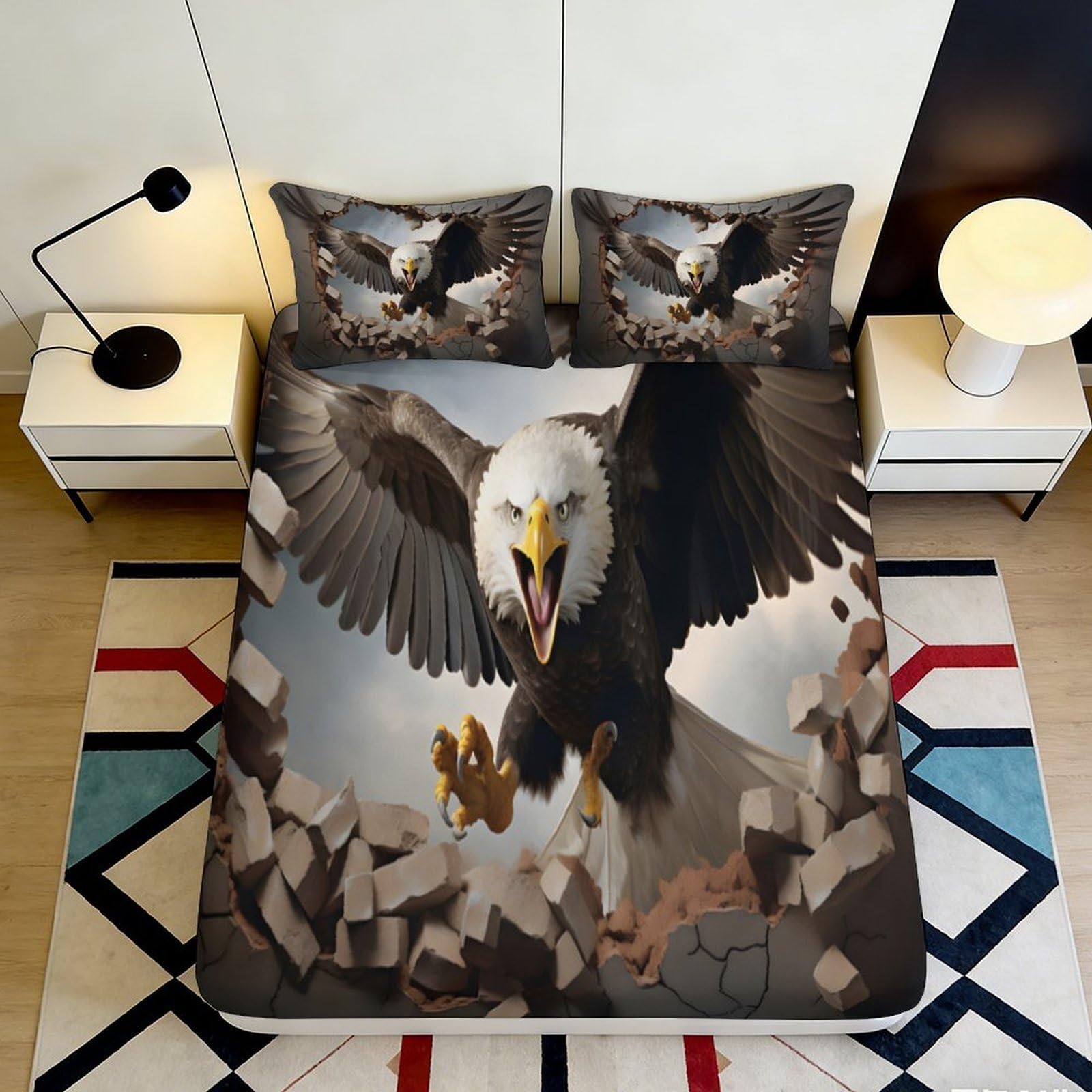 Pnayamiorkfel Style-4 3D Printed Bald Eagle Fitted Sheet Microfiber Soft Anti-Slip Mattress Cover Cracked Wall Pattern For Bedroom Decor 90X200x25cm