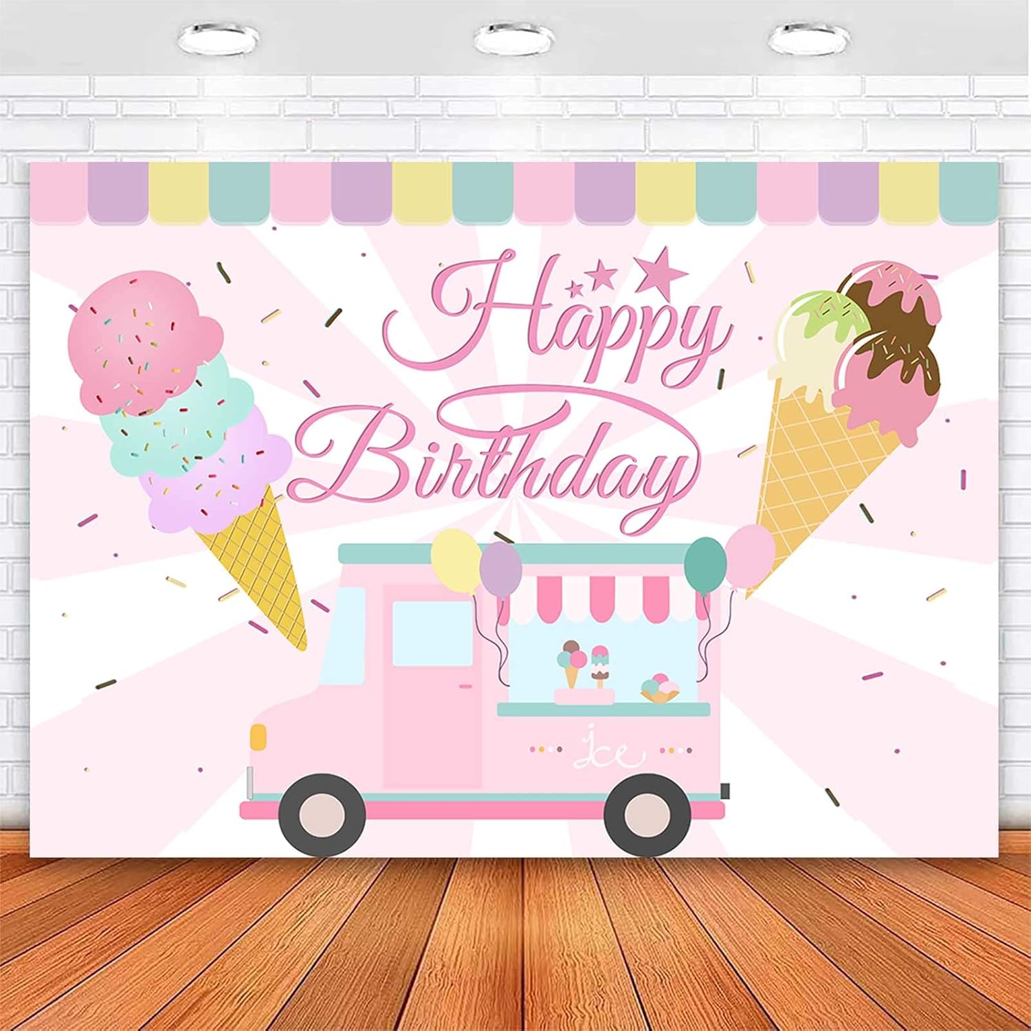 Sensfun Ice Cream Birthday Backdrop Ice Cream Truck Shop Sweet Summer Baby Girls Party Photography Background Here's The Scoop Kids Birthday Cake Table Decorations Banner Photo Booth Props 7x5ft