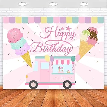 Sensfun Ice Cream Birthday Backdrop Ice Cream Truck Shop Sweet Summer Baby Girls Party Photography Background Heres the Scoop Kids Birthday Cake Table Decorations Banner Photo Booth Props 7x5ft