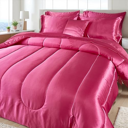 Miniatura 3 de Bedding_Dreamer Juego de edredón de satén con juego de sábanas, cama Queen de color rosa intenso similar a la seda, ropa de cama en una bolsa, 8