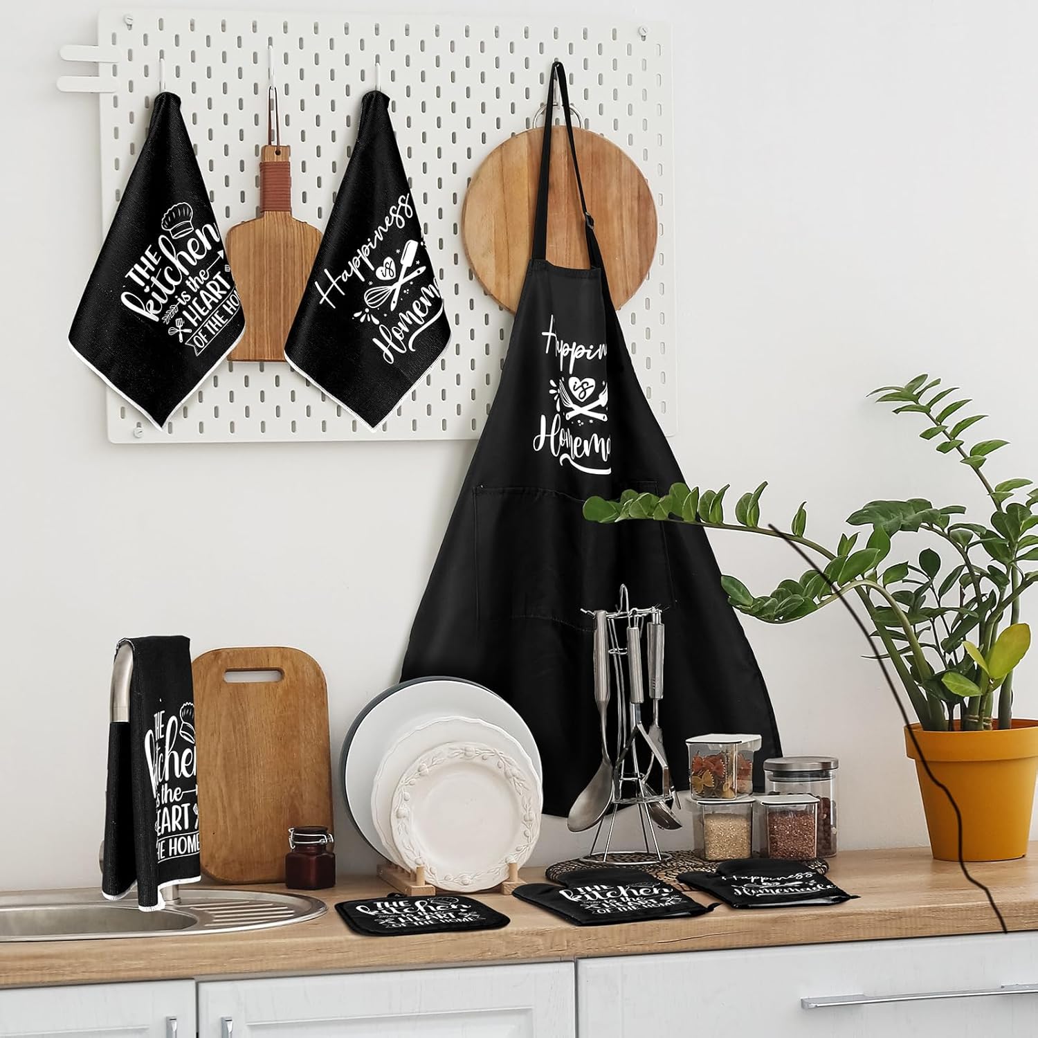 Sratte 7 Pcs Kitchen Towels Oven Mitts and Pot Holders with Cooking Apron 1 Chef Cooking Apron 2 Dish Towels 2 Kitchen Oven Mitts 2 Heat Resistant Pot Holder with Hanging Loop Set (Delicate) - Image 2