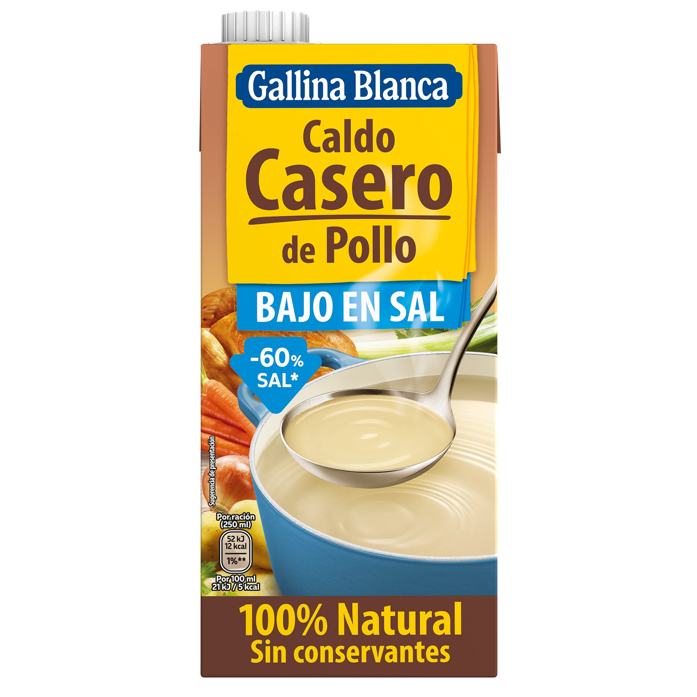 Gallina Blanca - Caldo casero de pollo bajo en sal 100% natural, 1 L - [Pack de 6]