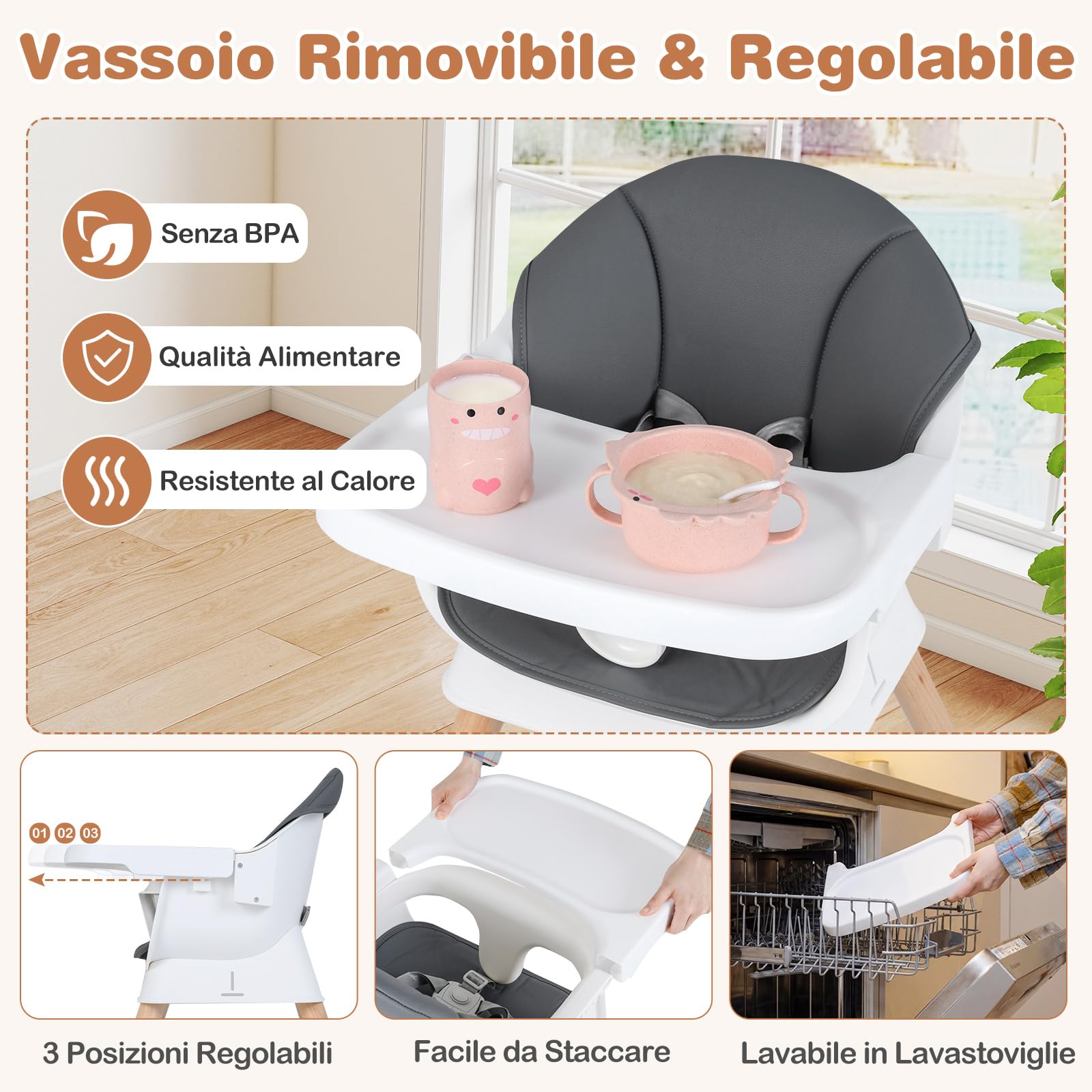 COSTWAY Seggiolone Pappa per Neonati, Seggiolone Evolutivo Convertibile con Vassoio Regolabile, Cuscino Rimovibile, Cintura di Sicurezza a 5 Punti, in Legno con per Bambini 6-36 Mesi