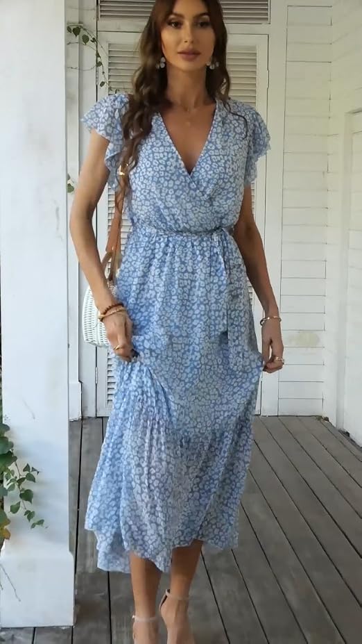 Amazon.com: RONGKIM Womens Summer Floral Wrap Dress V-Neck Short-Sleeve  Belted Ruffle A-Line Boho Maxi Dresses Beach (X-Large, Red) : Clothing,  Shoes & Jewelry