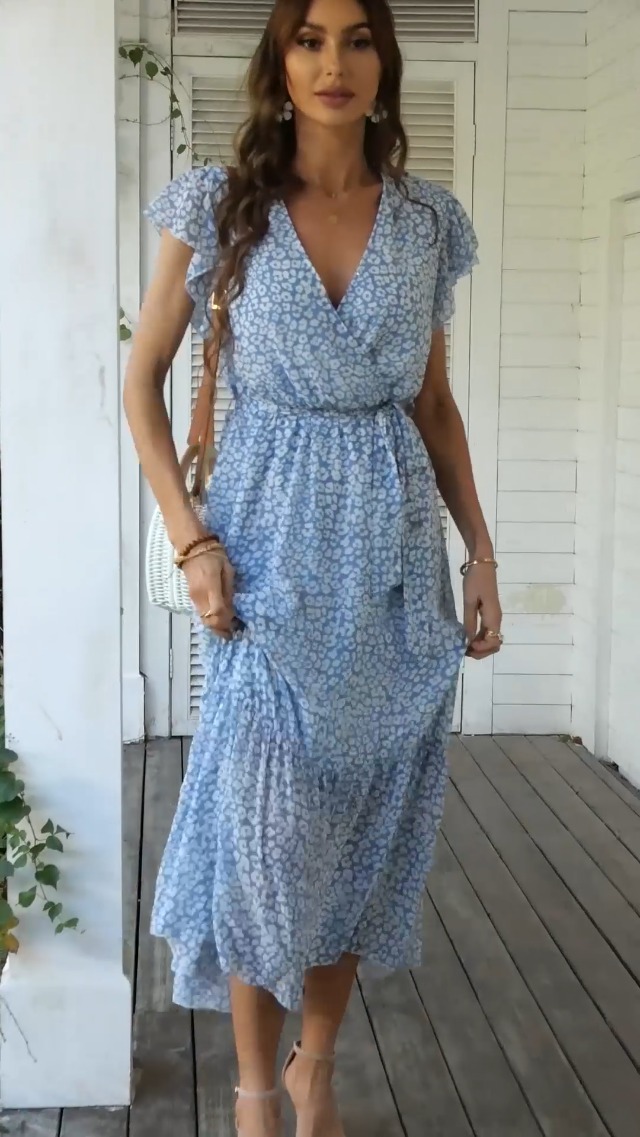 Amazon.com: RONGKIM Womens Summer Floral Wrap Dress V-Neck Short-Sleeve  Belted Ruffle A-Line Boho Maxi Dresses Beach (X-Large, Red) : Clothing,  Shoes & Jewelry