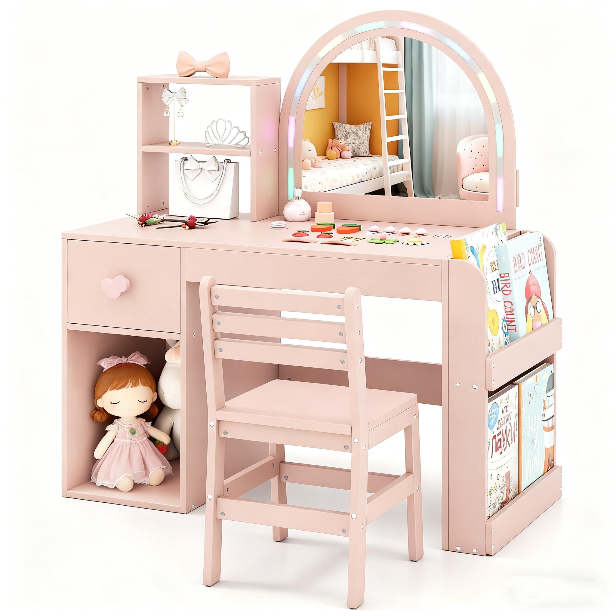 LIFEZEAL Ensemble de Coiffeuse 2 en 1 pour Enfants, Coiffeuse Princesse avec Miroir LED et Tabouret, Coiffeuse en Bois avec tiroir et étagère, Ensemble de Coiffeuse pour Filles 3 Ans et Plus (Rose)