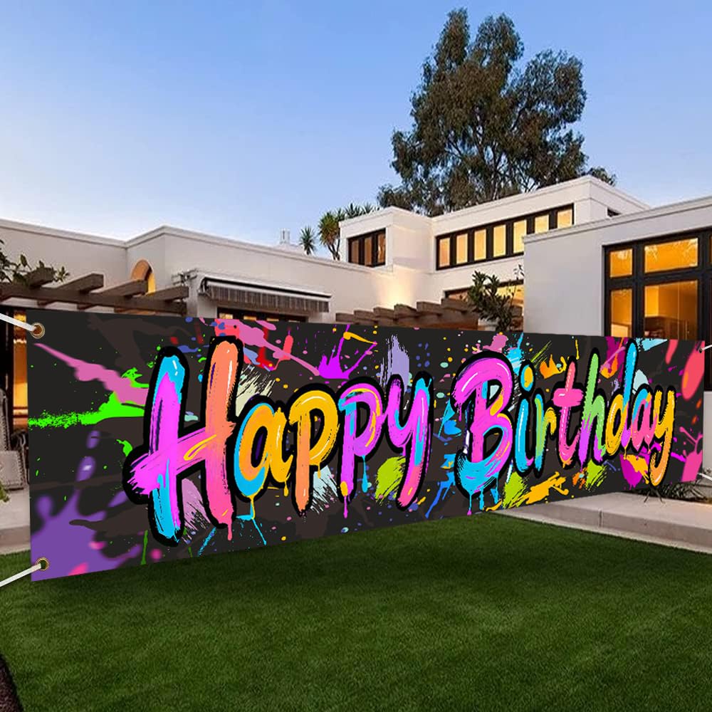 Large Neon Happy Birthday Yard Banner Sign - 120x20 inches, Polyester Colorful Happy Birthday Banner for Children Kids Birthday Party Decorations