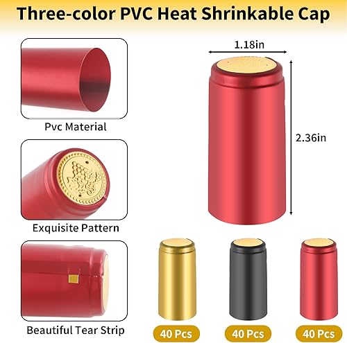 Miniatura 2 de Cápsulas termorretráctiles de PVC, 120 tapas retráctiles de vino, 3 cápsulas de botellas de vino de colores, tapas retráctiles para bodegas