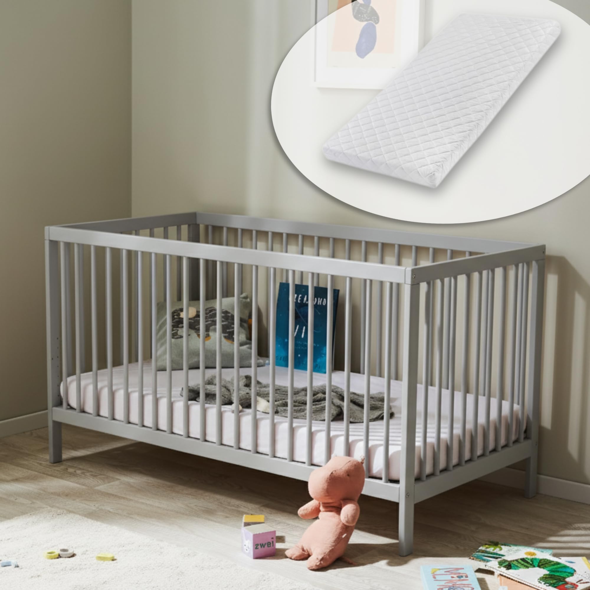 Kids Collective Letto per Bambini in legno di faggio 60x120 cm e 70x140 cm con materasso | Rete regolabile in altezza, sbarre removibili | Dalla nascita fino a 3 anni | Prodotto in UE | grigio