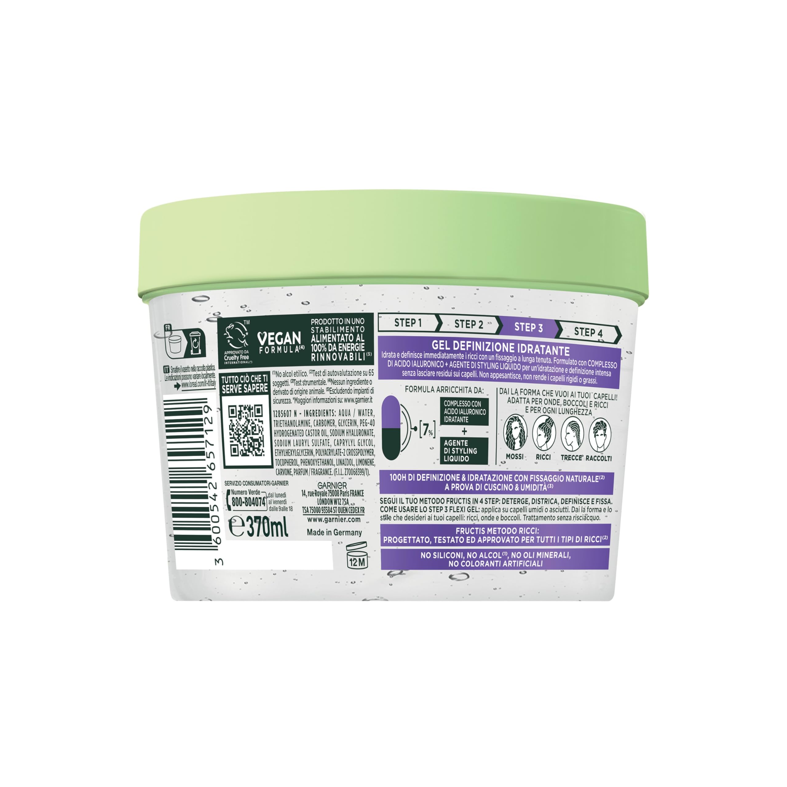 Garnier Fructis Metodo Ricci Flexi Gel, Per Onde, Boccoli e Ricci, Idratazione e Definizione, Senza Residui Sui Capelli, Con Acido Ialuronico e Agente di Styling Liquido, 370 ml