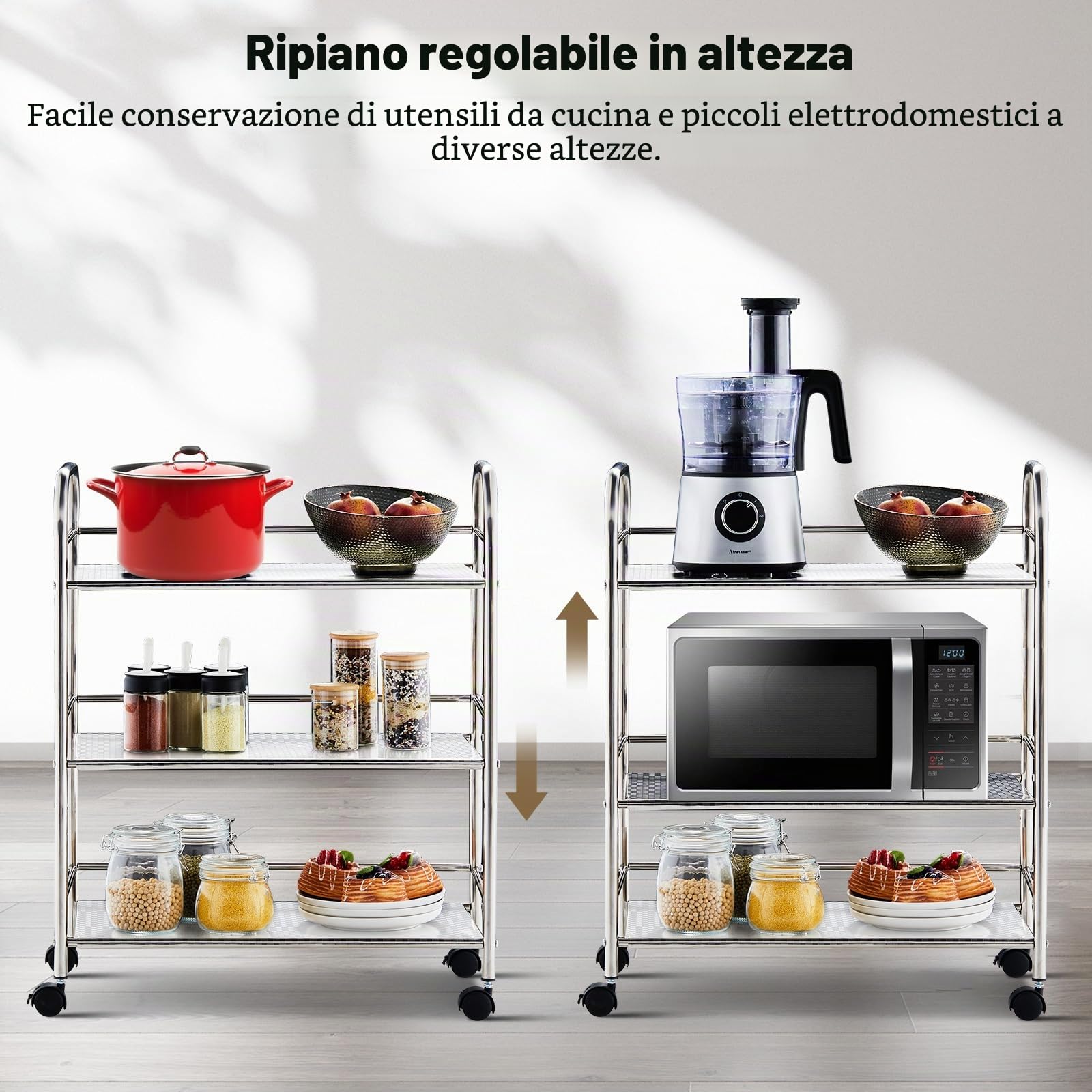 TUKAILAI Carrello da portata in acciaio inox con ruote, carrello da cucina su ruote, carrello per nicchia con 3 ripiani, scaffale a rotelle, carrello da cucina, argento (35 x 50 x 75 cm)