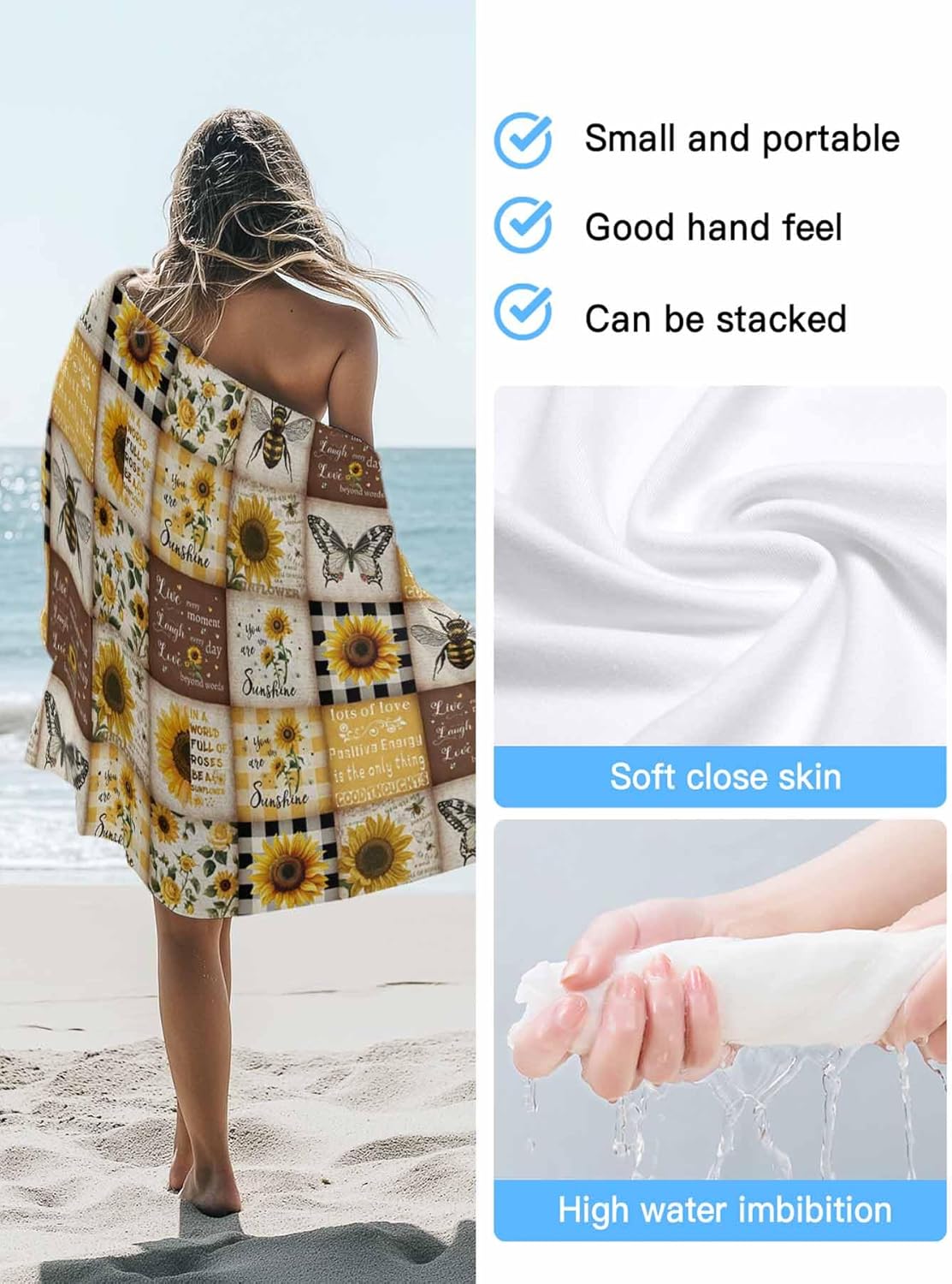 Teamery Beach Towel, Honey Bee Decor Sunflower Beach Towel, Bath Towels Soft Absorbant Bathroom Towels, 36x72in Towels for Bathroom, Beach Accessories Beach Blanket