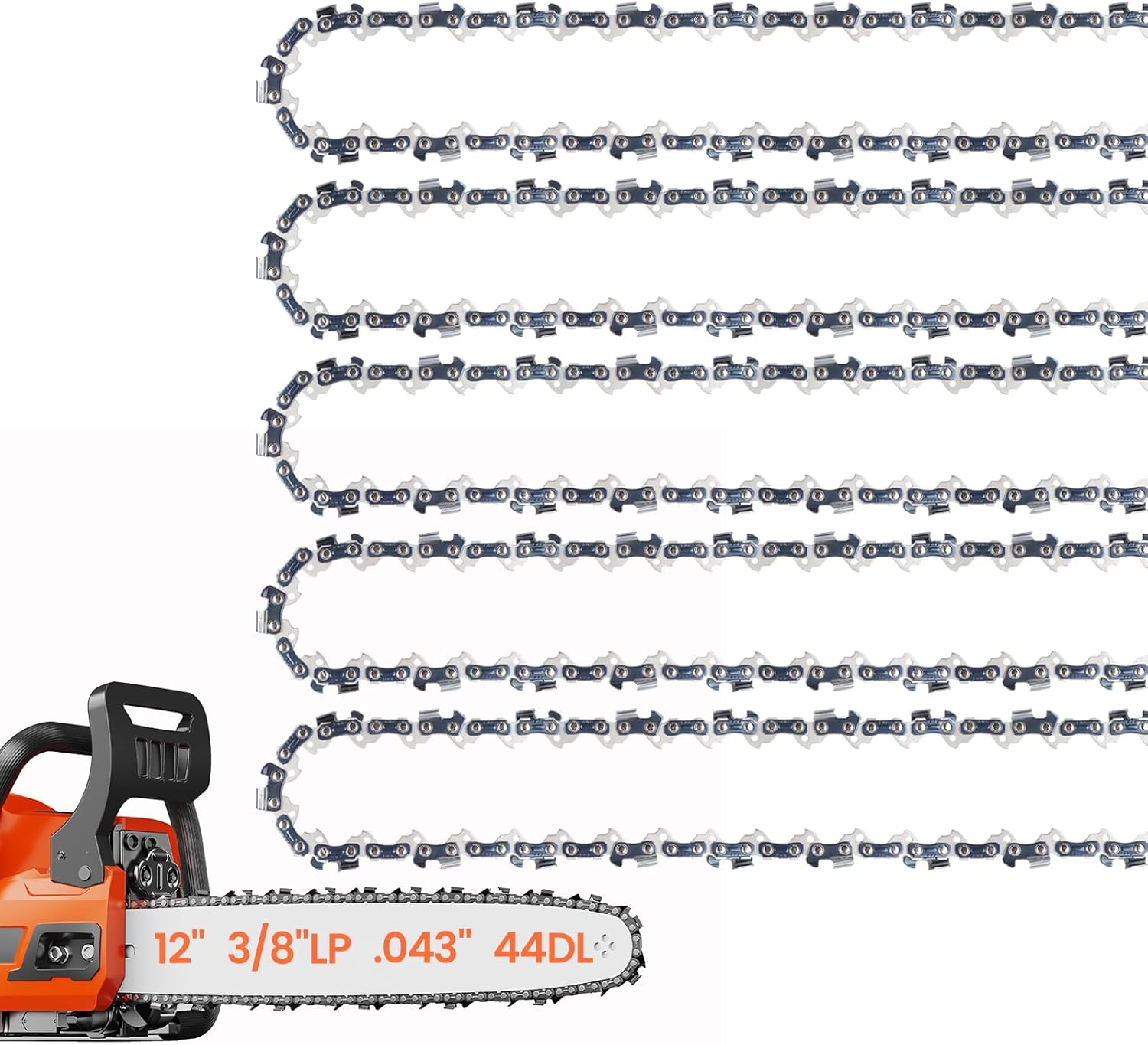 E & S 5 Pack 12 Inch Chainsaw Chain 3/8" LP Pitch .043" Gauge 44 Drive Links Semi-Chisel Chain Saw Chains for Oregon, Stihl, Husqvarna, Poulan, Craftsman, Greenworks and More Chainsaw Brands