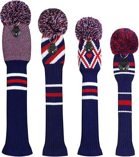 Miniatura 2 de Scott Edward Juego de 4 fundas tejidas para cabezas de golf, hechas a mano, bien para conductores y calles con cuello largo, pompones, juego de