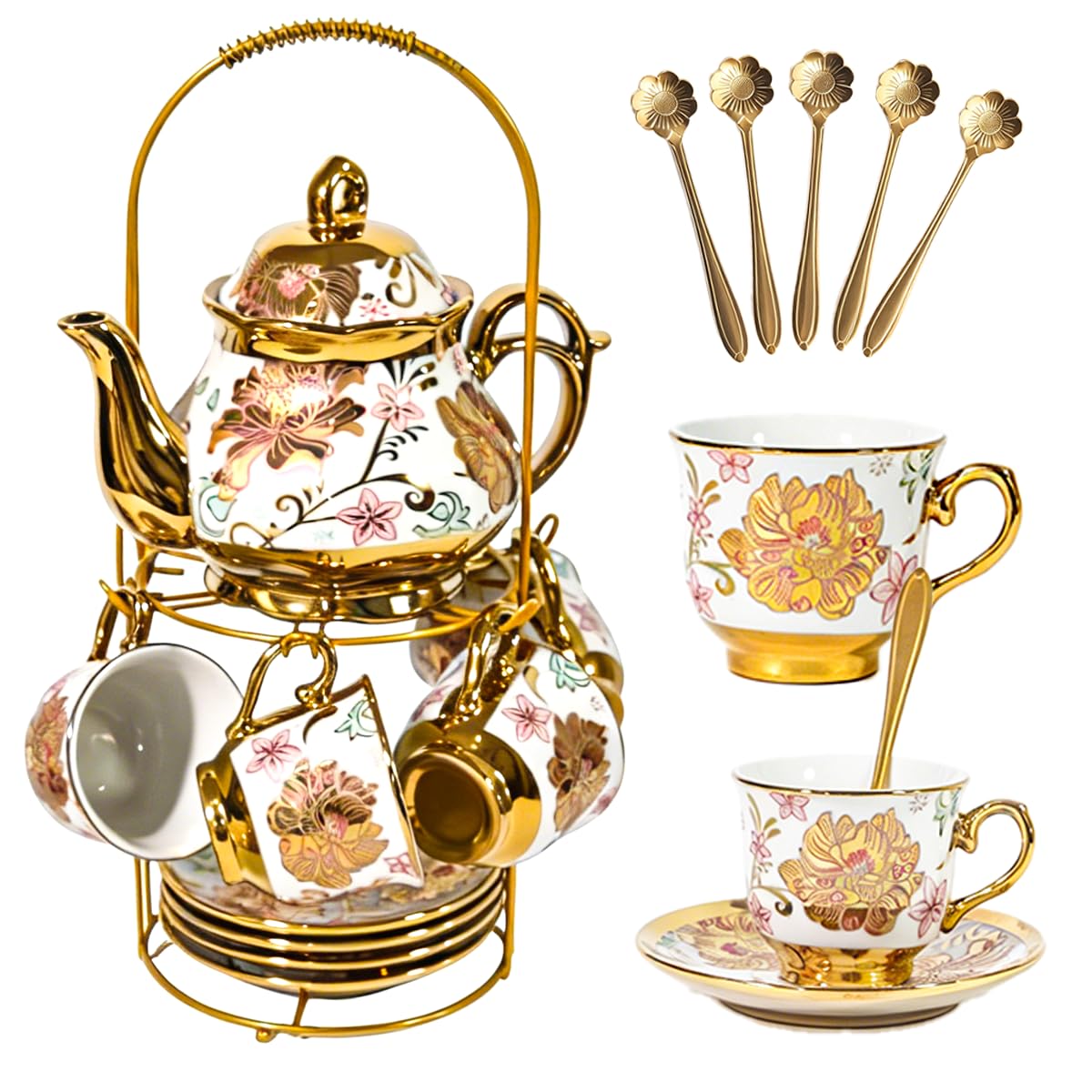 Service à thé en céramique rose rouge plaqué or, service à thé vintage avec théière, beau service à thé servant 6 personnes (pink, Medium)