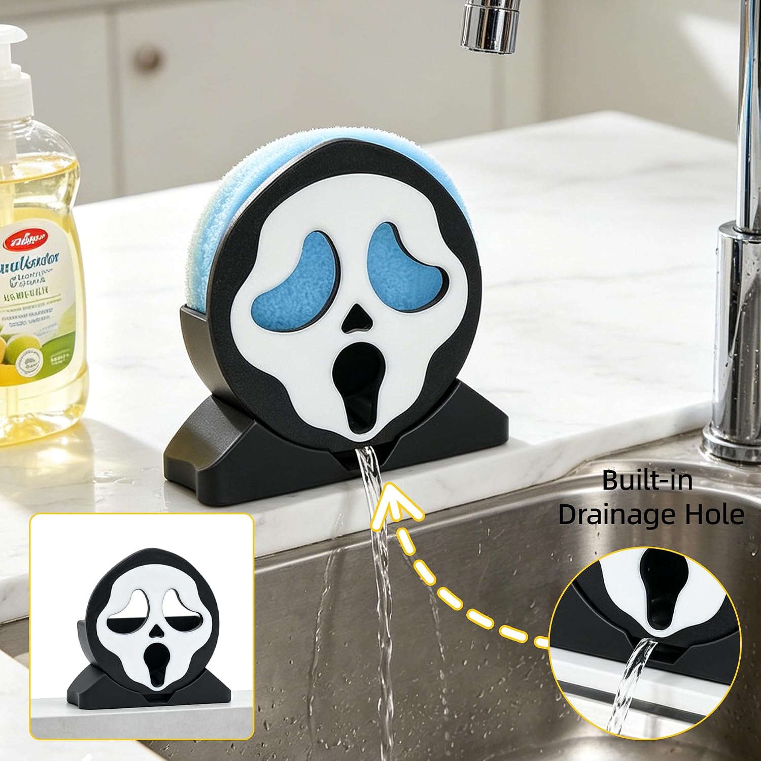 Ghost Face Sponge Holder for Kitchen Sink, 3D Printed Self-Draining Sponge Caddy, Horror Skull Design, Novelty Halloween Kitchen Gadget