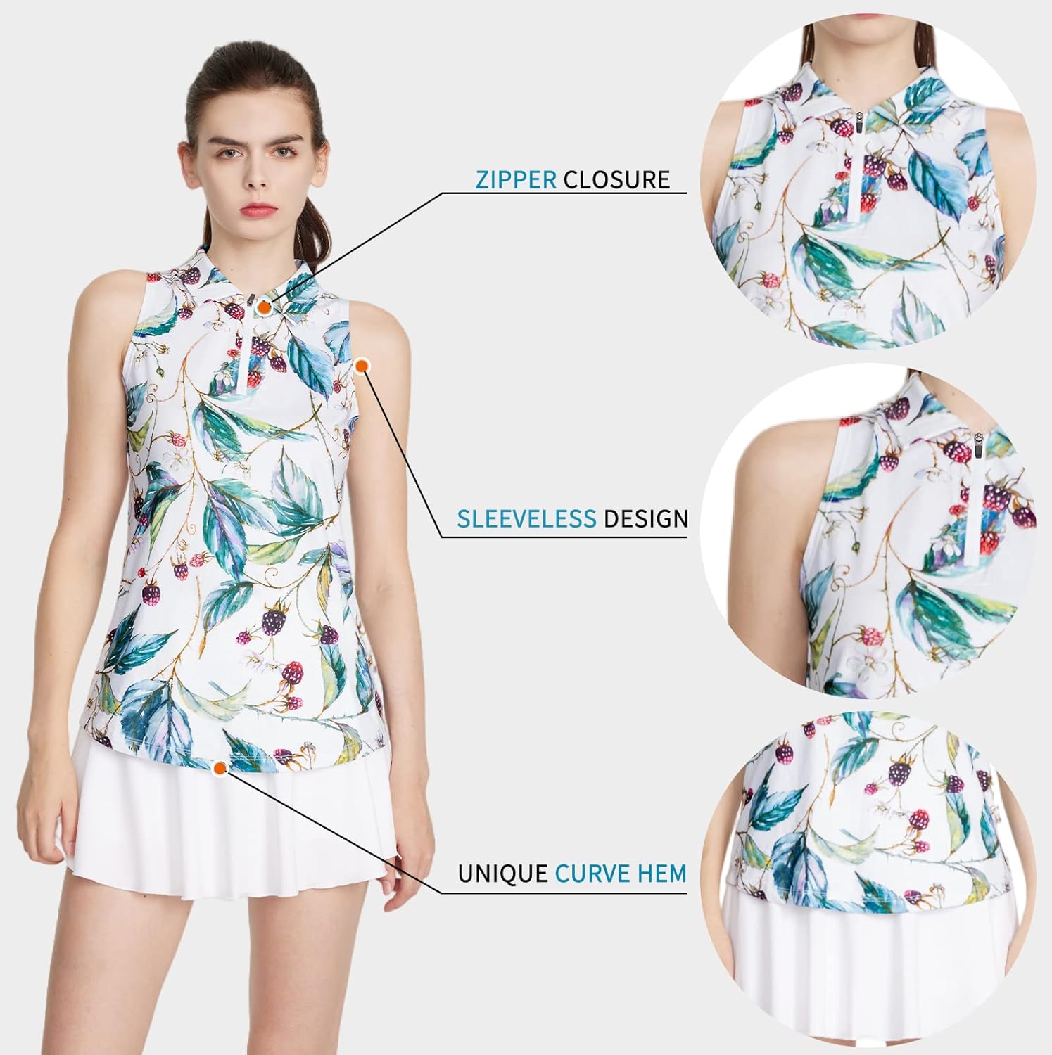CQC Women's Sleeveless Golf Shirts Quick Dry Floral Athletic Polo with Collar Zip Up Lightweight Tennis Tank Tops Fructus S