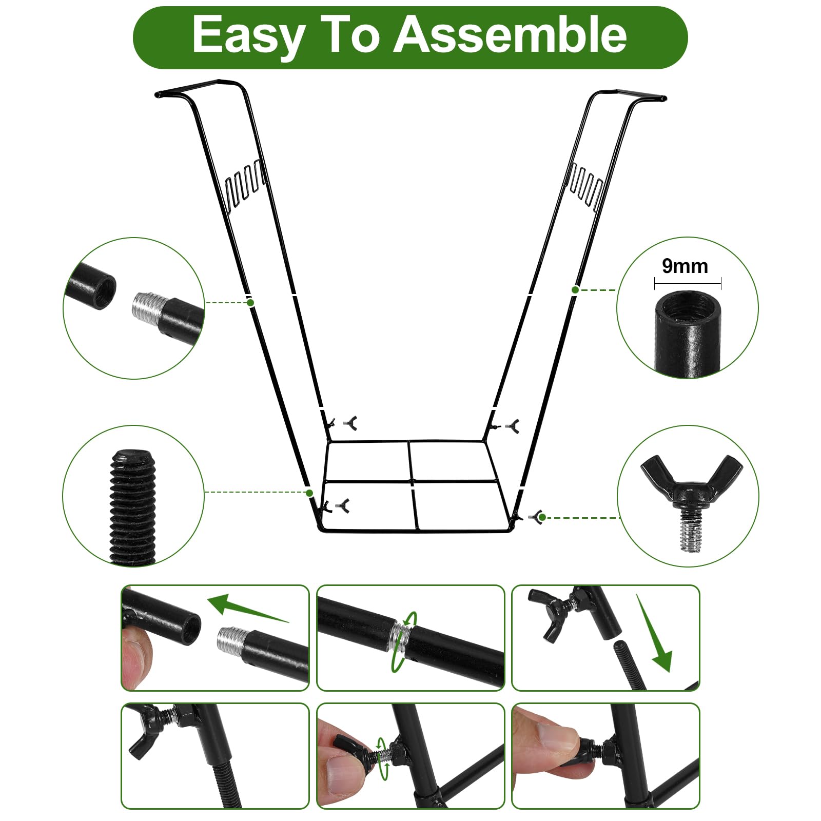 DTEPFUEN Trash Bag Holder Stand, Outdoor Garden Garbage Bag Holder Holds 30-45 Gallon Bags, Metal Leaf Bag Holder Stand with 4 Fixing Clips and 2 Garbage Bags, For Outdoor Yard Camping Garden Lawn