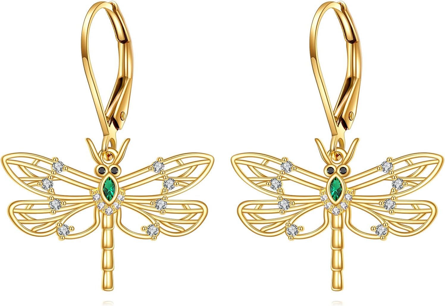 DOVRAN 10K/14K Real Gold Dragonfly Earrings Cute Animal Leverback Dangling Earrings Dragonfly Jewelry for Women