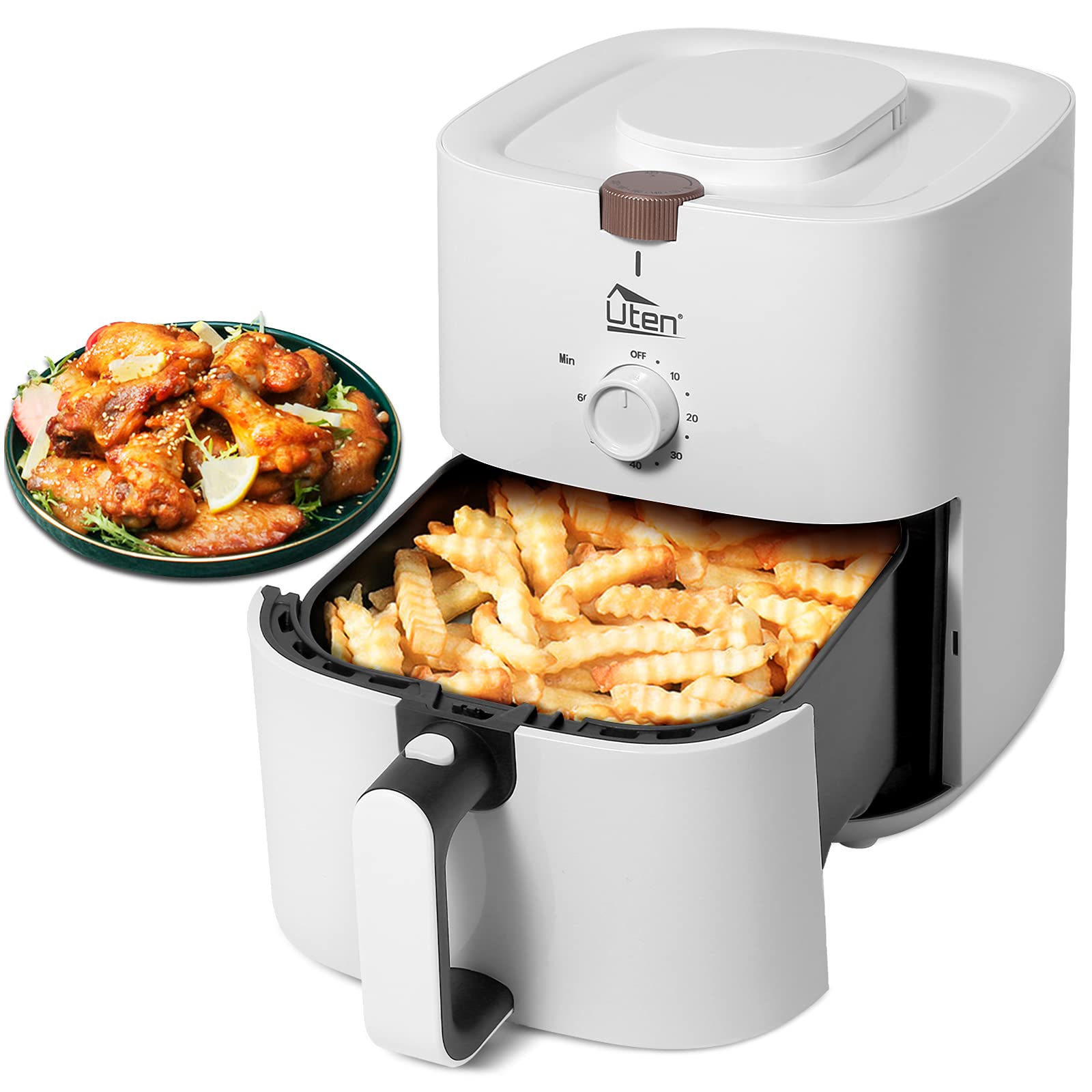 Freidora sin Aceite 4L, Uten Freidora de Aire 1500W con Cesta Extraíble, Tiempo y Temperatura Ajustable, Air Fryer Multifuncional, Recetas, Sin BPA ni PFOA, Blanco [Ahorra hasta un 50% en Energía]