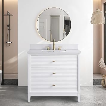 HOMEBEYOND 36" Bathroom Vanity with Single Sink & Engineered Marble Top, Solid Wood Frame, Linear Pattern & Soft Close Door | Golden Brushed Handware, White