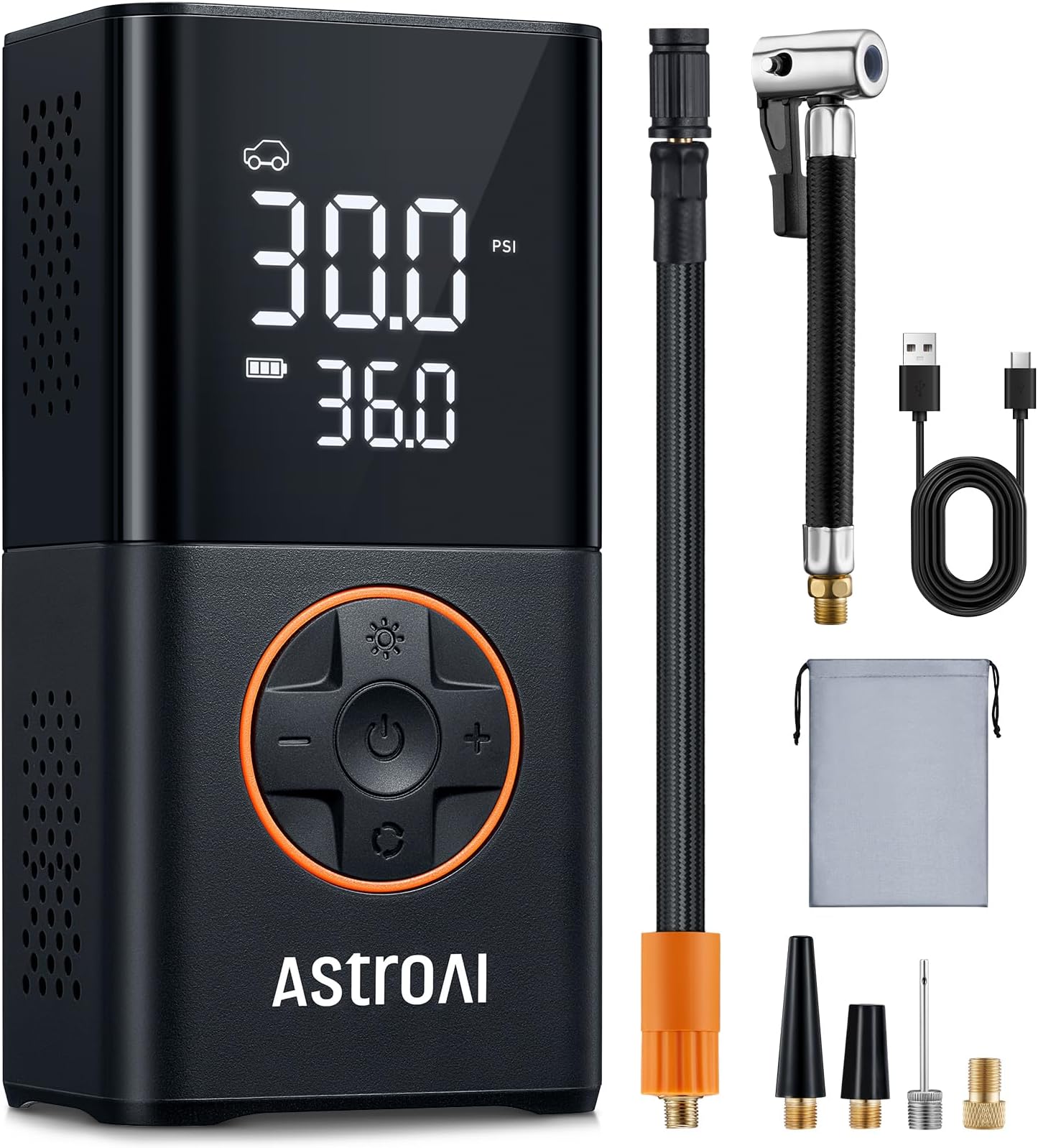 AstroAI Car Tyre Inflator Air Compressor, Portable USB Rechargeable Electric Bike Pump 150 PSI, Tyre Pump with Pressure Gauge Digital Dual Values Display, for Car, Bike, Motorbike, Ball