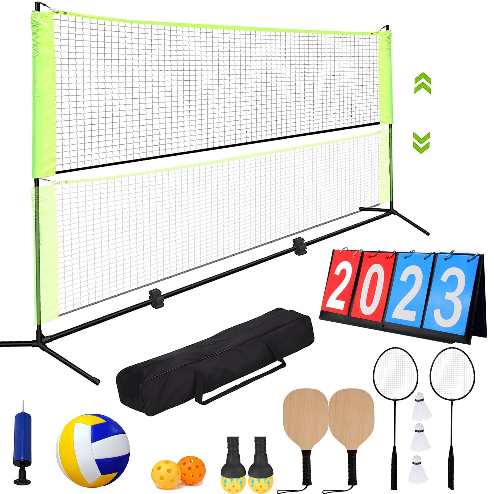 HuseWming 17FT All-in-One Badminton, Pickleball and Kids’ Volleyball Net Sets for Backyards, Portable Nets Outdoor Driveway Beach Sports Set with 3-5 FT Adjustable Height Net