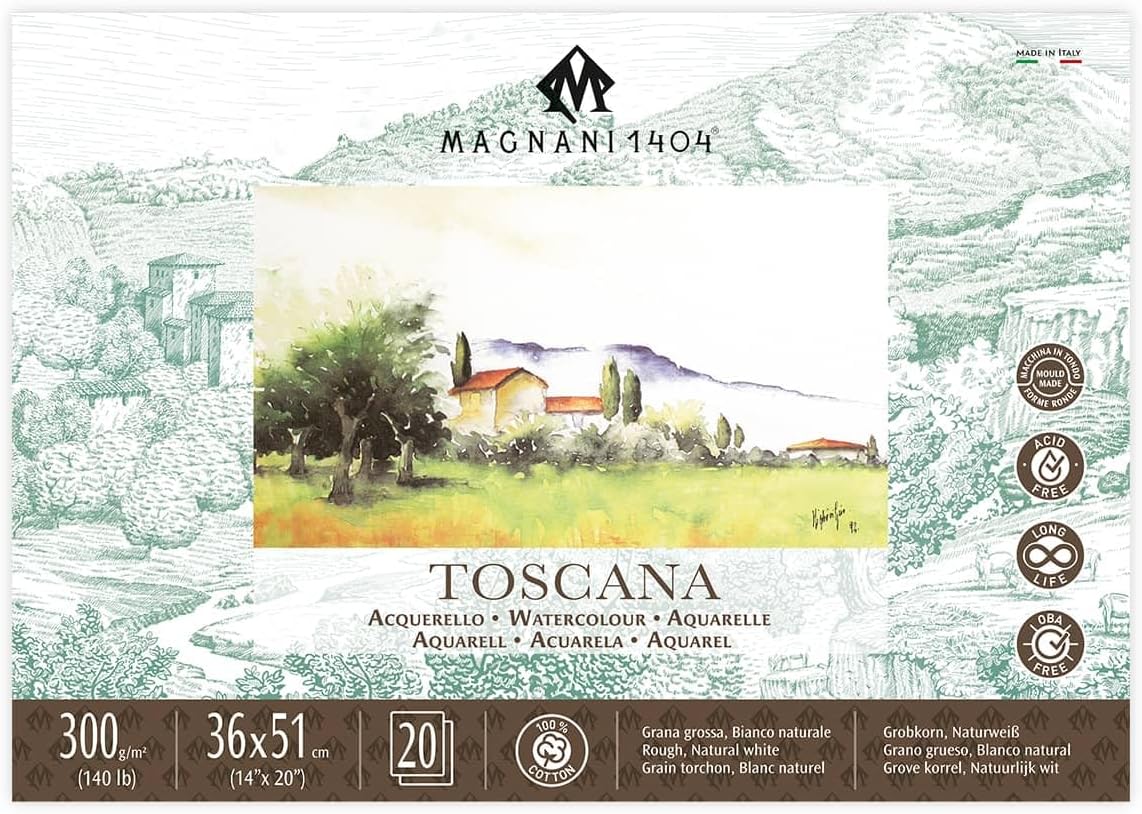 Magnani 1404 Toscana Rough 100% Cotton Watercolor Paper Block, 20 Sheets, 14x20, 140 lb, Acid-Free, UV Resistant, Vegan Sized Water Color Paper for Artists, Made in Italy