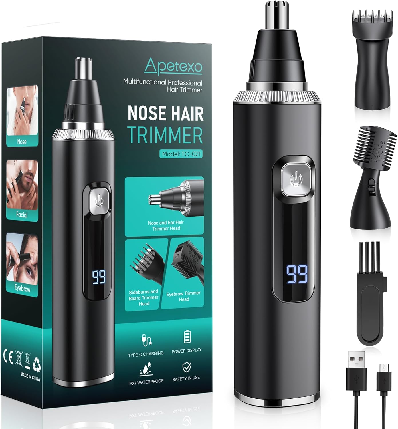 Apetexo Nose Hair Trimmer for Men and Women, Type-C Rechargeable Precision Groomer with Double-Edged Blades, Painless & IPX7 Waterproof Design for Nose, Ears, Eyebrows and Facial Hair