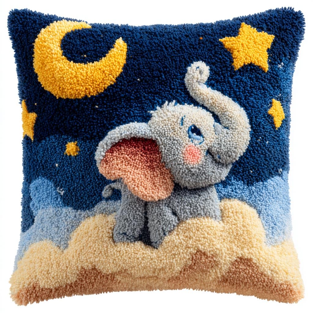 Taxpy DIY Latch Hook Rug Kits, Elephant and Moon Latch Hook Cushion Kits Pillowcase Rug Pattern Arts and Crafts Crochet Needlework 43x43cm