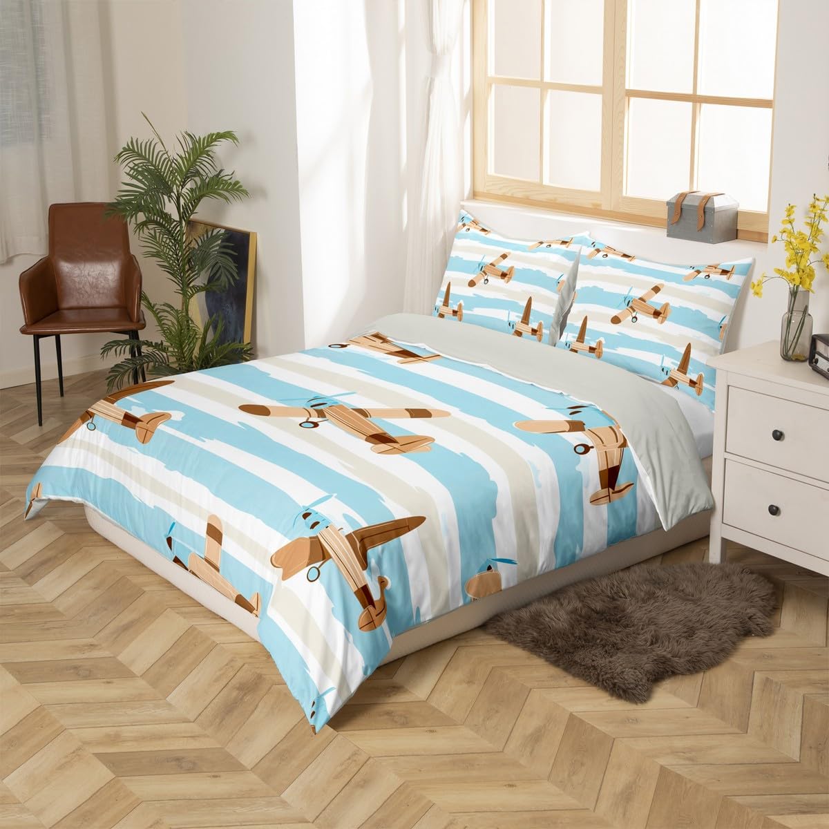 Homewish Retro Samolot King Zestawy Poszwa Na Kołdrę Kreskówka Latający Samolot Pościel Nowoczesna Kremowa Niebieskie Paski Kołdra Poszewka Śliczne Samoloty Zestaw Łóżek