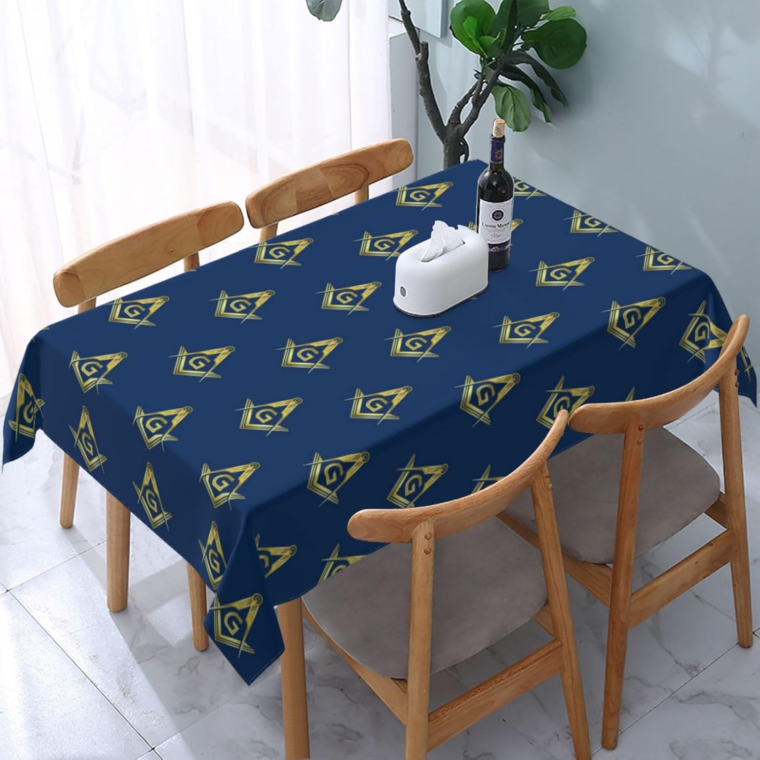 Rectangle Table Cloth, Masonic Navy Blue Gold Freemason Square Compass Kitchen Tablecloth Resistant Washable Polyester Table Cover for Dining Table Buffet Parties Camping